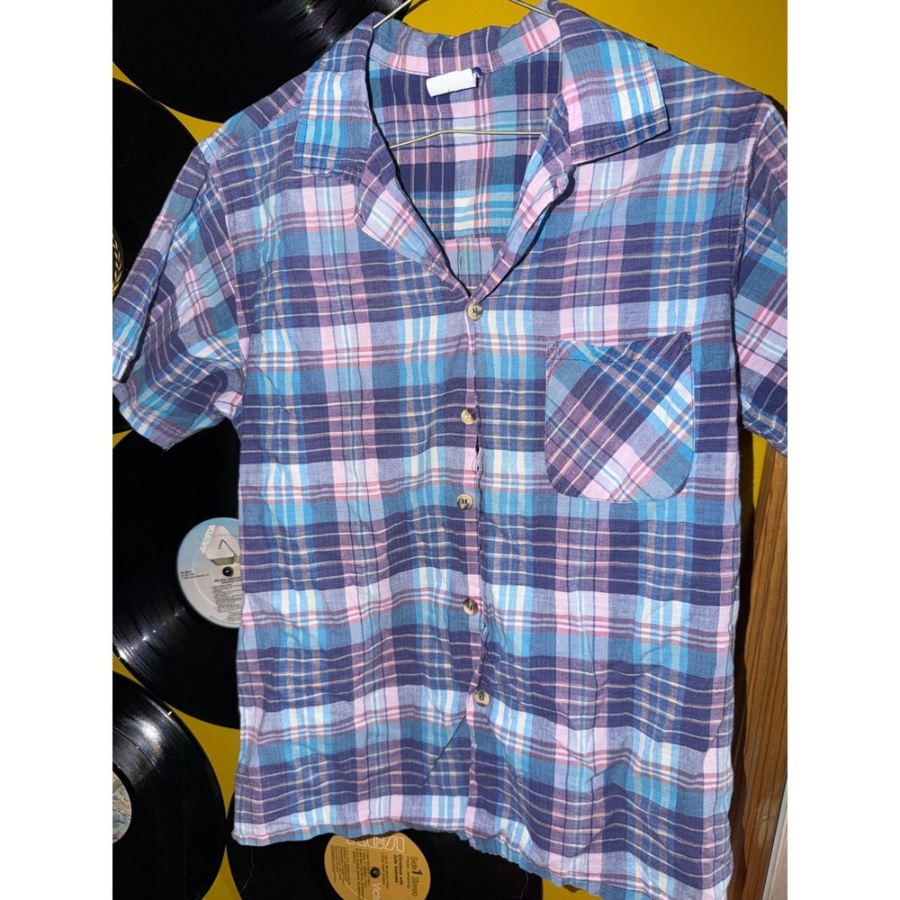Vintage Donmoor Kids Plaid Short Sleeve Button Down Shirt Blue Pink Size 16